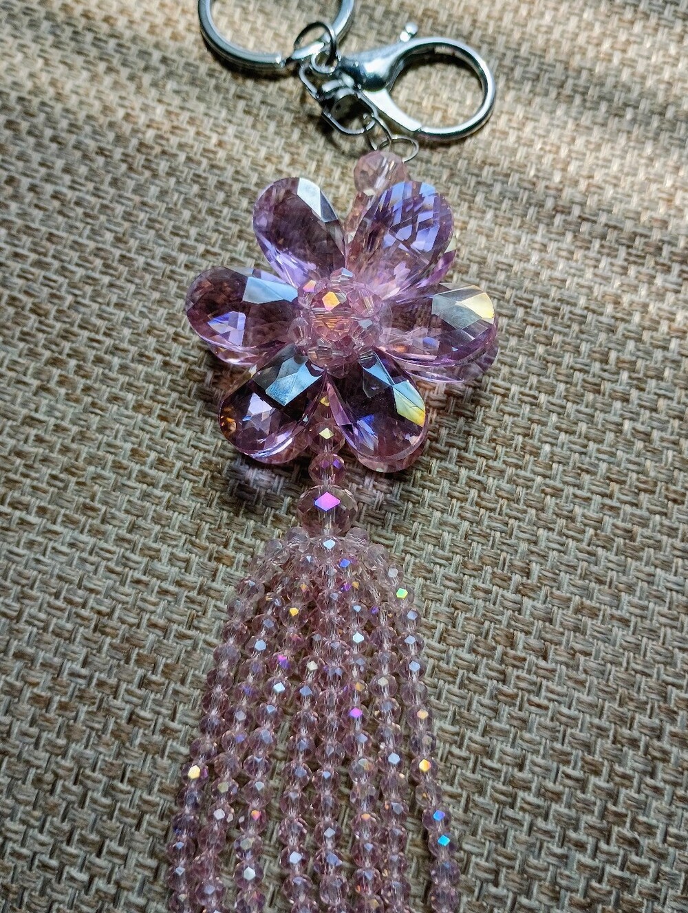 New Crystal Flower Tassel Keychain - Pale Pink